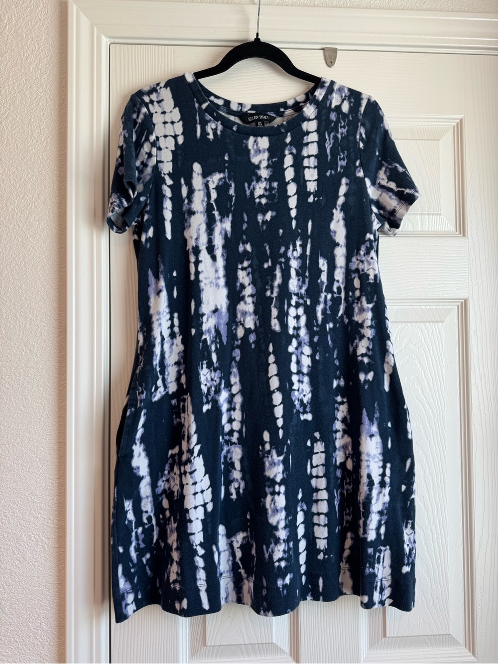 Ellen Tracy Navy and White Tie-Dye Short Sleeve Swing Dress